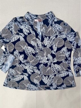 Amana Women’s M Navy Botanical Textured Print 3/4 Sleeve Blouse